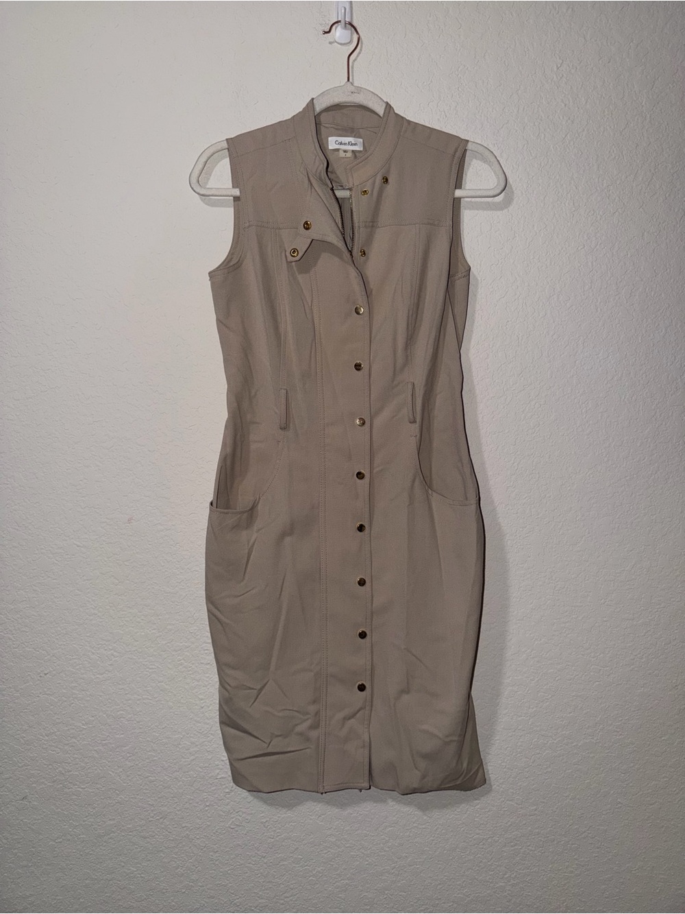 Calvin Klein Sleeveless Taupe Button-Front Midi Dress